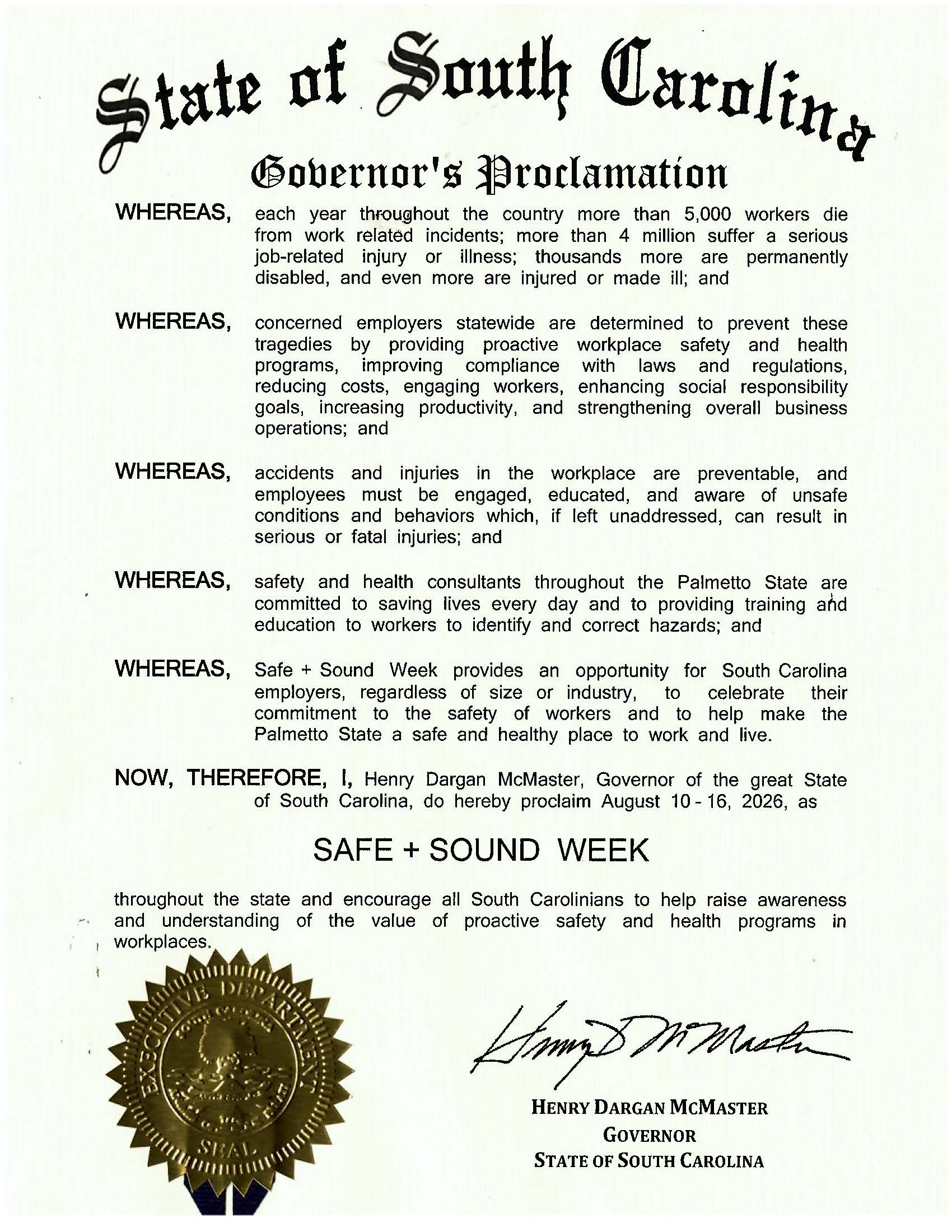 an image of the state of south carolina governor's proclamation for safe + sound week 2026
